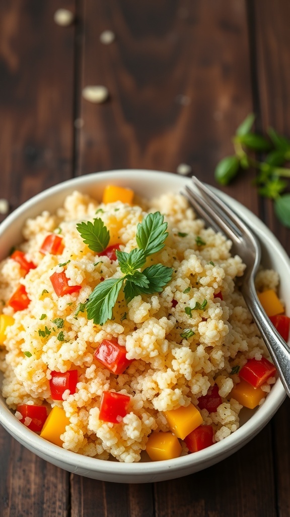 Fluffy quinoa in a bowl garnished with herbs and surrounded by colorful vegetables.
